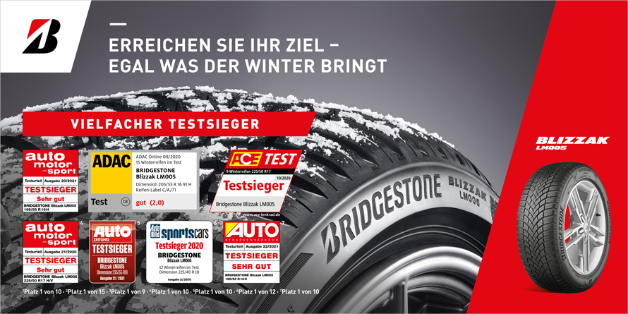 Aktuelle Modeinformationen Winterreifen-Tests: Der Mobilitätslösungen | Premiumreifen LM005 Vielfach-Testsieger Blizzak Bridgestone Bridgestone Deutschland und 